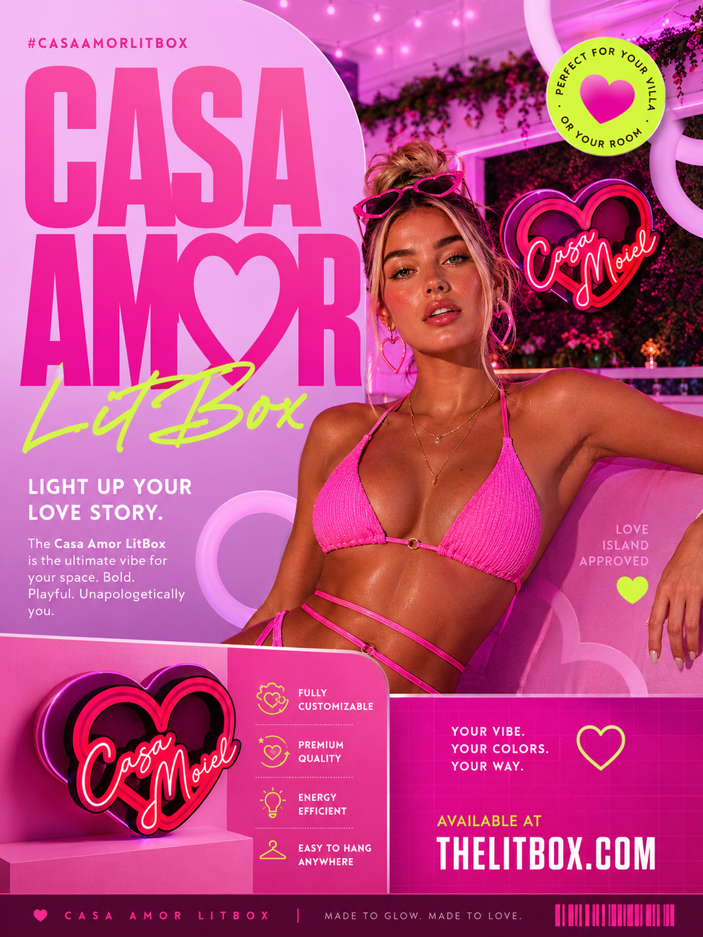 Casa Amor LitBox promotional image with a woman in a pink bikini and neon signs.