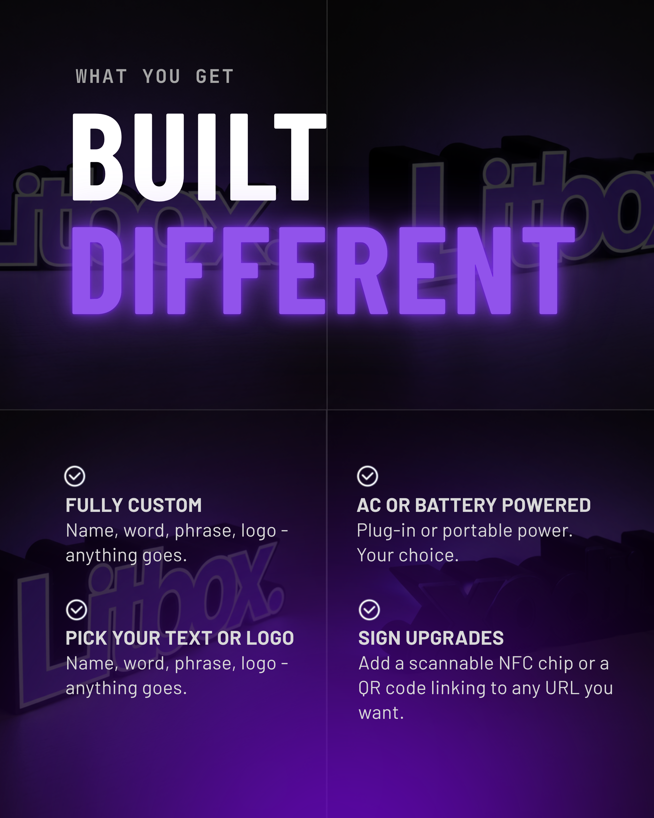 Promotional text for a product or service with customizable features on a dark background.