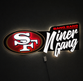 An illuminated LED neon-style wall sign featuring the San Francisco 49ers 'SF' logo in red, white, and black, alongside the words 'BANG BANG' in red and 'Niner Gang' in large white script on a black background.