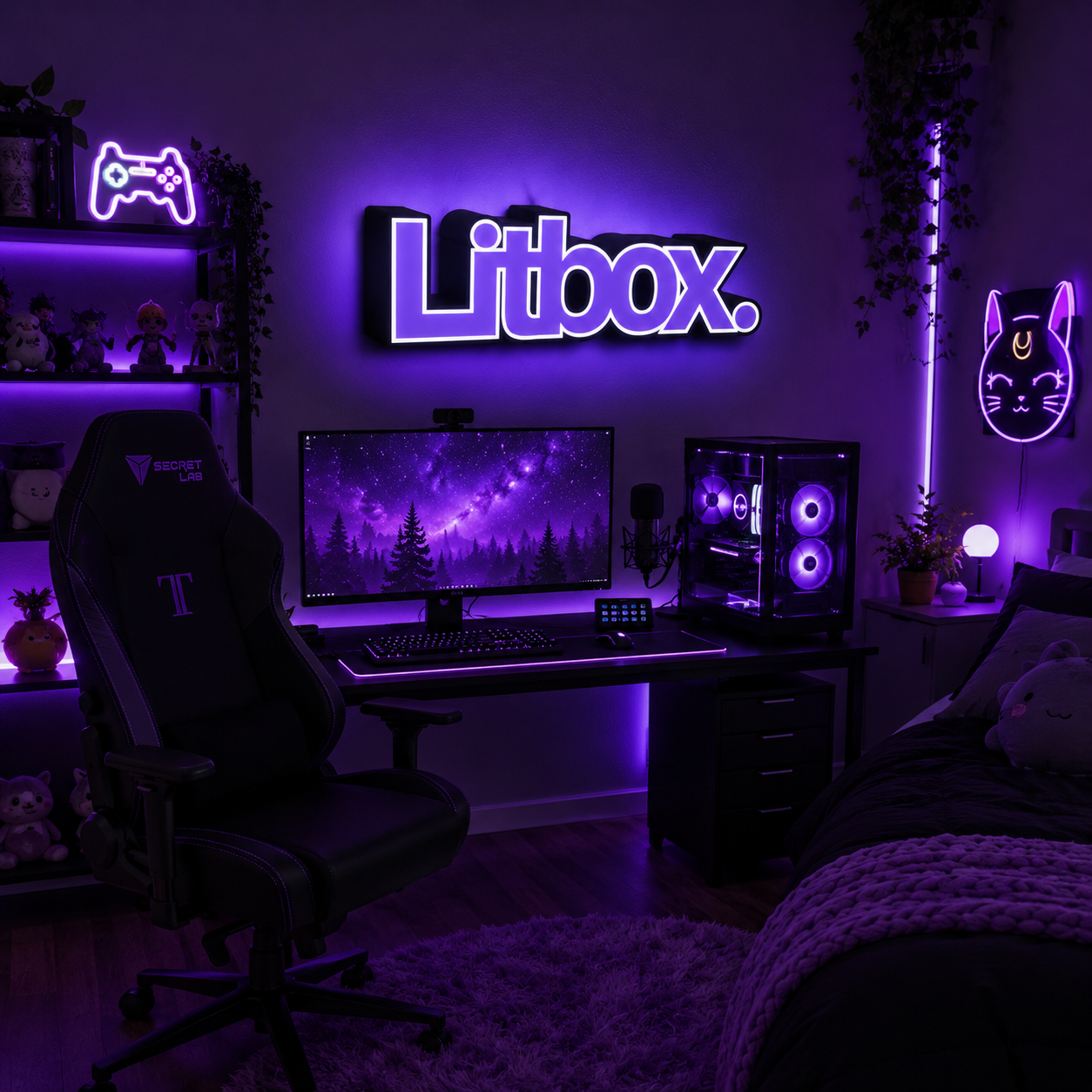 Gaming setup with 'Litbox' neon sign in a dark room